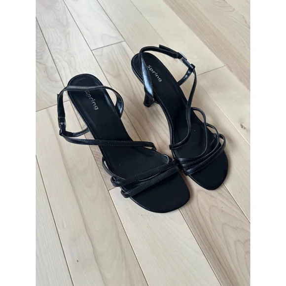 Vintage SPRING Y2K Black Strappy Sandals – Kitten Heel, Minimal 2000s - Picture 3 of 6